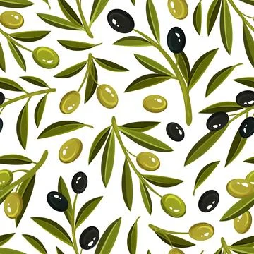 Olive Branches Seamless Pattern Design with Green and Black Fruit Vector Stock Illustration