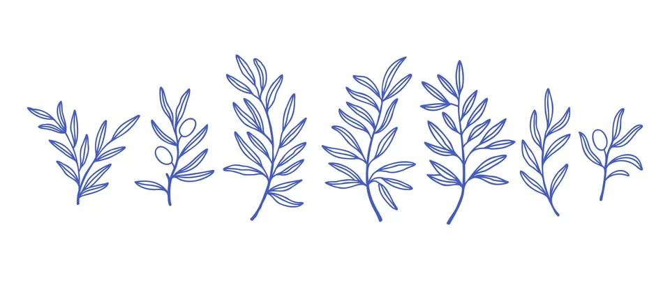 Olive branches set. Collection of isolating leaves and branches in line art Stock Illustration