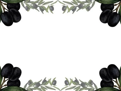Olive brunch frame. Hand drawn watercolor composition for printing on cards.. Stock Illustration