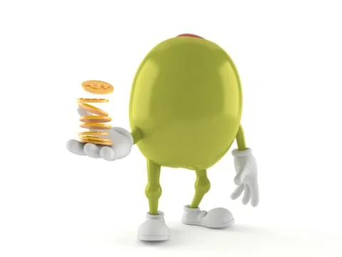 Olive character with stack of coins Stock Illustration