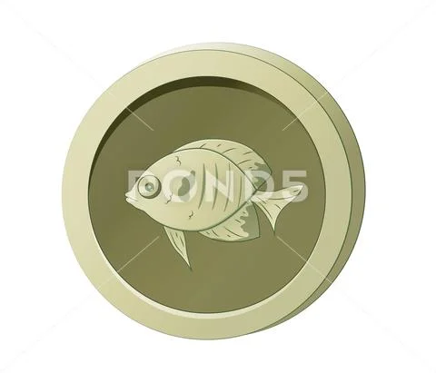 Olive-colored coin with the image of a fish. Vector illustration for game  des: Royalty Free #107395234