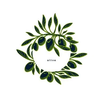 Olive frame in circle. Graphic label. Vector twig Stock Illustration