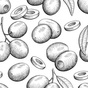 Olive graphic black white seamless pattern background sketch illustration vector Stock Illustration