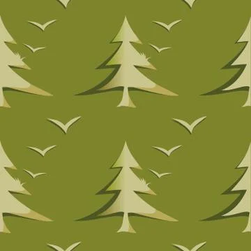 Olive green Christmas tree and birds seamless background Illustrazione stock