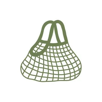 Olive green mesh string market tote bag vector illustration. Reusable Illustrazione stock
