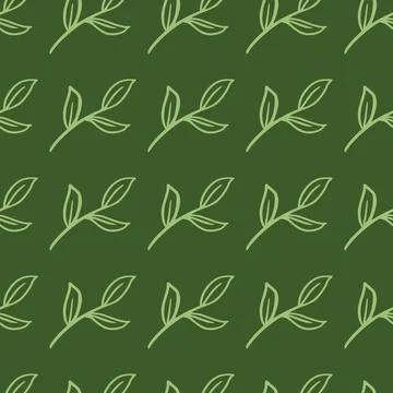 Olive green palette seamless pattern with hand drawn contoured leaf branches  Stock Illustration