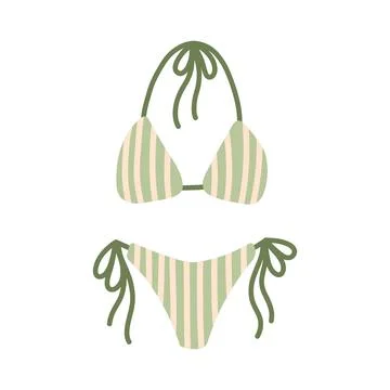 Olive green striped triangle string bikini swimsuit vector illustration. Flat Stockillustratie