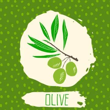 Olive hand drawn sketched fruit with leaf on background with dots pattern. Do Stock Illustration