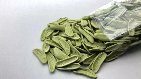 Olive leaf pasta coming out of transparent bag on gray background Stock Footage 185615645