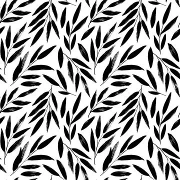 Olive leaves hand drawn vector seamless pattern. Stock Illustration