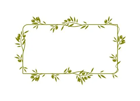 Olive leaves, tree branches and fruits frame Stock Illustration