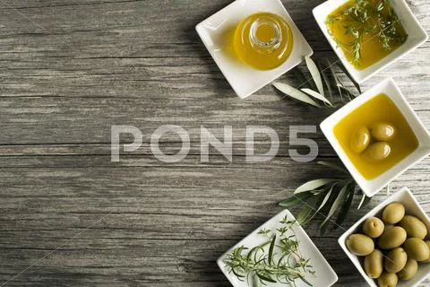 Olive oil and ingredients Stock Photos