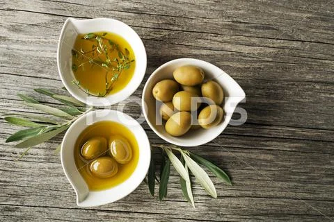 Olive oil and ingredients Stock Photos