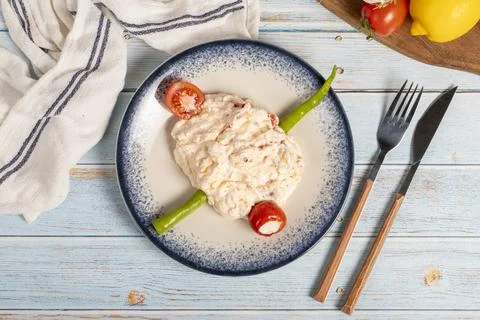 Olive oil and spicy appetizer. Appetizer dishes. Atomic dish with spicy yoghu Stock Photos