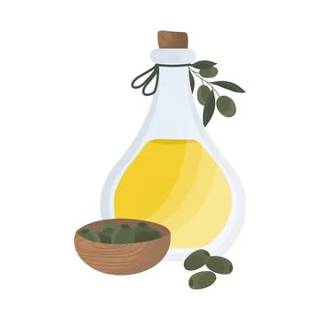 Olive oil in a bottle. Olive tree branch. Stock Illustration