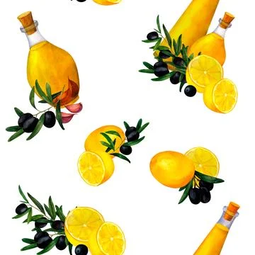 Olive oil, branches and lemons seamless pattern for prints on wallpaper, te.. Stock Illustration