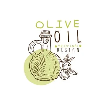 Olive Oil Label With Flask And Some Olives Hand Drawn Stock Illustration