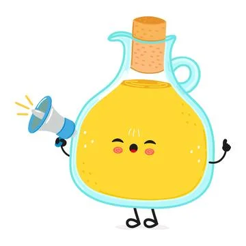 Olive oil with loudspeaker character. Vector hand drawn cartoon kawaii char.. Stock Illustration