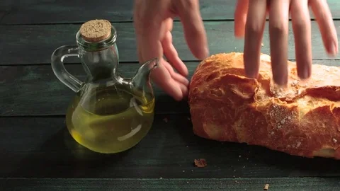 Olive oil, salt, bread on rustic texture Stock Footage 72732408
