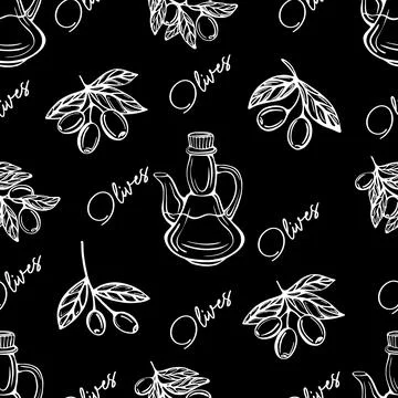Olive oil seamless pattern. Olive branch pattern. Hand-drawn vector illustration Stock Illustration
