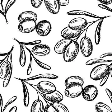 Olive rustic seamless pattern. Vector vintage hand drawn texture branch, black Stock Illustration