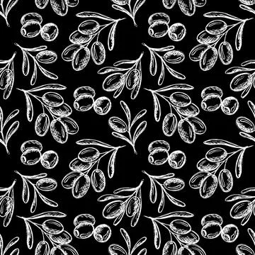 Olive rustic seamless pattern white om black. Vector vintage hand drawn texture Stock-Illustration