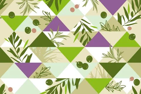 Olive seamless pattern branches with leaves in triangles Stock Illustration
