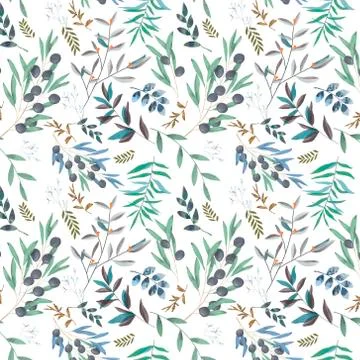 Olive seamless pattern digital clip art watercolor drawing flowers illustration Stock Illustration