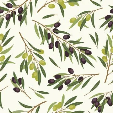 Olive seamless pattern. Green and black fruits on twigs with leaves, repeated Illustrazione stock