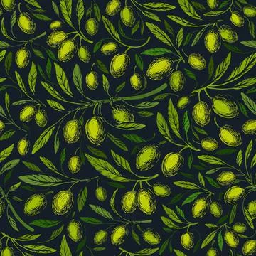 Olive seamless pattern. Vector branch, set fruits Stock Illustration