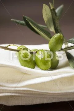 Olive sprig with green olives on linen cloth Stock Photos