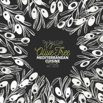 Olive tree banner template. Vector vintage illustration on chalk board. Hand Stock Illustration