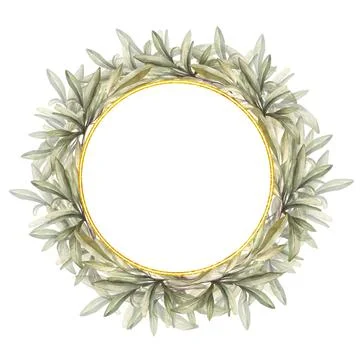 Olive tree branch with gold circle frame. Watercolor wreath with green leaves Stock Illustration
