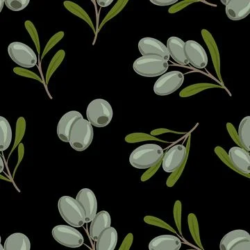 Olive vector seamless pattern. Green olive tree branches on black. Vector Stock Illustration
