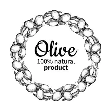 Olive wreath. Hand drawn vector illustration of branch with food Stock Illustration
