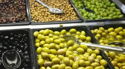 Olives antipasto stall in a market | Stock Video | Pond5