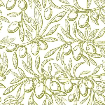 Olives fruit seamless pattern. Vector sketch on white background. Graphic ita Stock-Illustration
