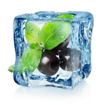 Olives in ice cube Stock Photos