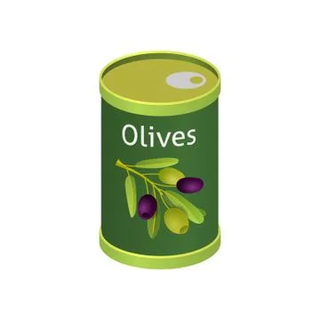 Olives in metallic can with brand label. Isolated flat vector element for adv Stock Illustration