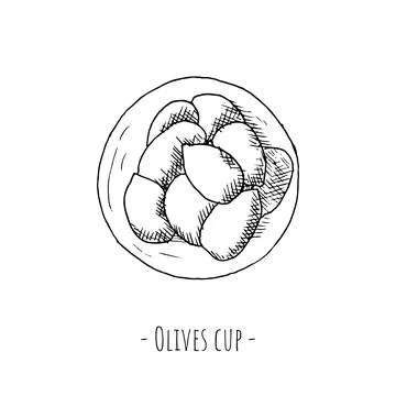 Olives plate. Vector illustration. Isolated object on white. Hand-drawn. Stock Illustration