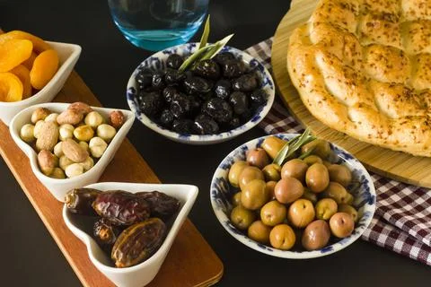 Olives with ramadan bread Stock Photos