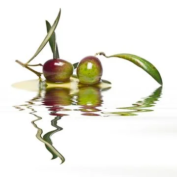 Olives reflected on water. Stock Photos