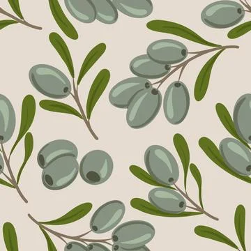Olives seamless pattern background. Vector olive twigs on beige Stock Illustration