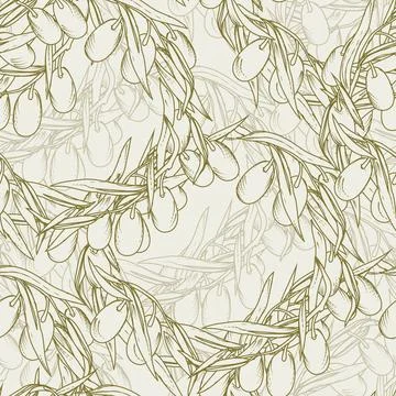 Olives seamless pattern design, repeatable texture with olive branches, vector. Stock Illustration