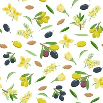 Olives seamless pattern in flat design, set of vector illustrations isolated on Stock-Illustration