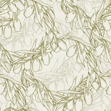 Olives seamless pattern, repeatable texture with olive branches, vector illus Stock Illustration