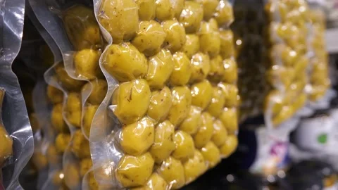 Olives in the store. Olive on a store shelf. Stock Footage 264802435