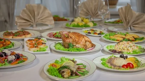 Olivier salad with mayonnaise, loop, fish, Chicken, dinner, food holiday russian Stock Footage 71001870
