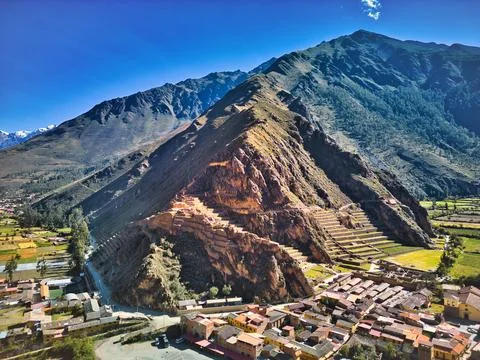 Ollantaytambo from drone Stock Photos