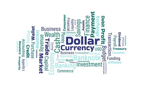 Ollar currency word cloud featuring finance, banking, investment, trade and.. Illustrazione stock